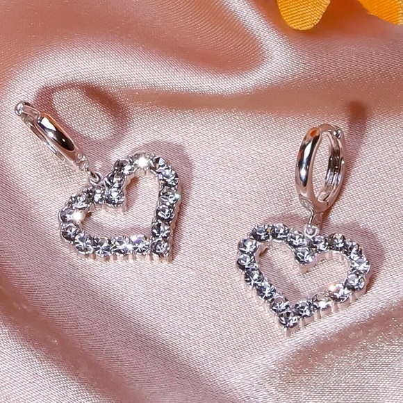 Any 3/$25! Silver Crystal Pave Heart Huggie Hoop Earrings - Picture 2 of 6